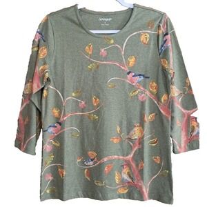 SERENGETI S Cotton T-Shirt 3/4 Sleeve Sage Green Birds Folklore Whimsical Floral